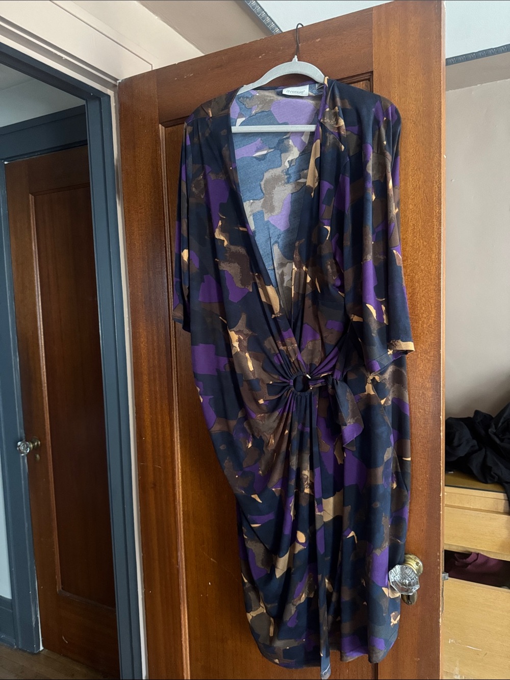 Avenue Purple, Black & Gold Ruched Midi Dress